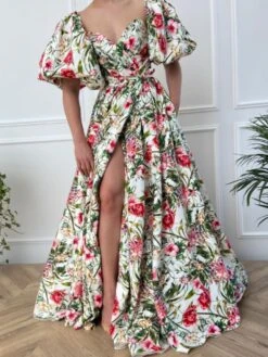 V Neck Puff Sleeve High Rise Short Sleeve Dress