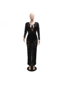See Through Lace Backless Long Sleeves Dress -Women's Clothing Shop P 20240523085504886 661