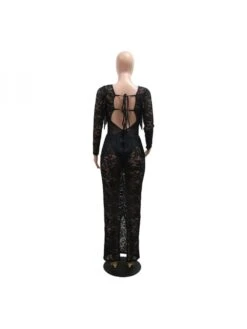 See Through Lace Backless Long Sleeves Dress -Women's Clothing Shop P 20240523085505938 943