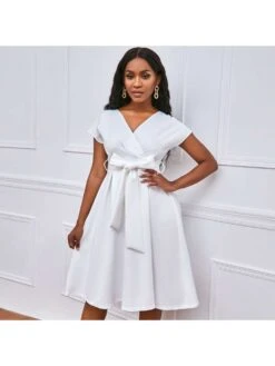 Bow Lace Up High Rise V Neck Midi Dress