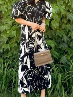 Crewneck Puff Sleeve Cotton Short Sleeve Dress