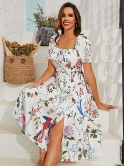 Solid Color Square Neck Fitted Short Sleeve Dress -Women's Clothing Shop P 20240523164013168 221