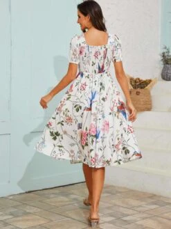 Solid Color Square Neck Fitted Short Sleeve Dress -Women's Clothing Shop P 20240523164013815 485