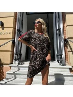 Patchwork Webbing Leopard Short Sleeve Dress -Women's Clothing Shop P 20240524104505612 694