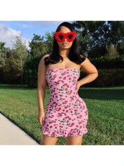 Cherry Printed Lacework Strapless Mini Dress -Women's Clothing Shop P 20240524153502395 586