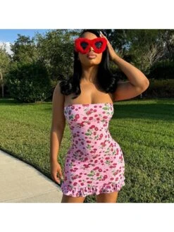 Cherry Printed Lacework Strapless Mini Dress -Women's Clothing Shop P 20240524153503012 918