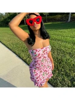 Cherry Printed Lacework Strapless Mini Dress -Women's Clothing Shop P 20240524153503720 469