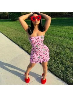 Cherry Printed Lacework Strapless Mini Dress -Women's Clothing Shop P 20240524153504238 705