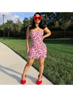 Cherry Printed Lacework Strapless Mini Dress -Women's Clothing Shop P 20240524153505530 476