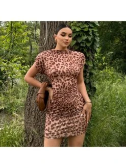Ruched Leopard Printed Mini Dress -Women's Clothing Shop P 20240524180018671 406