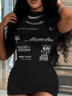 Letter Printed Short Sleeve Mini Dress