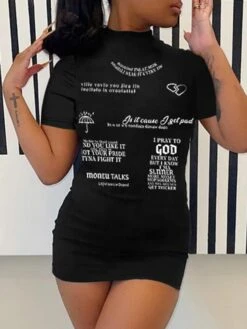 Letter Printed Short Sleeve Mini Dress -Women's Clothing Shop P 20240525152504403 336