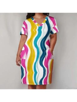 Colorblock Loose Short Sleeve Dress -Women's Clothing Shop P 20240525161003758 284
