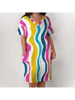 Colorblock Loose Short Sleeve Dress -Women's Clothing Shop P 20240525161004516 145