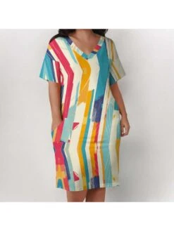 Colorblock Geometric V Neck Mini Dress -Women's Clothing Shop P 20240525164021128 159