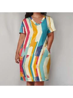 Colorblock Geometric V Neck Mini Dress -Women's Clothing Shop P 20240525164021877 503