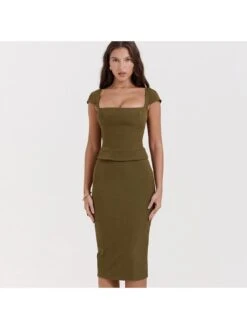 Patchwork Solid Color Square Neck Fake Two Pieces Dress -Women's Clothing Shop P 20240527104006277 199