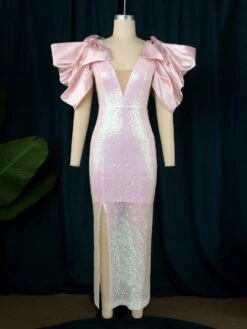 Bow Lantern Sleeve Fitted Short Sleeve Dress -Women's Clothing Shop P 20240528183511750 703