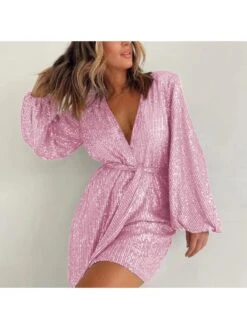 Crewneck Puff Sleeve PVC Long Sleeves Dress