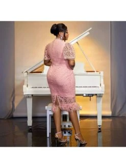 Patchwork Hollow Out Puff Sleeve Midi Dress -Women's Clothing Shop P 20240529113503283 545