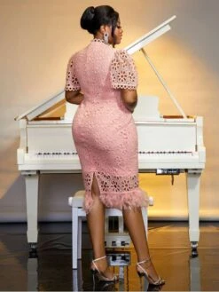 Patchwork Hollow Out Puff Sleeve Midi Dress -Women's Clothing Shop P 20240529113505114 516