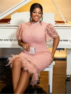 Patchwork Hollow Out Puff Sleeve Midi Dress -Women's Clothing Shop P 20240529113505766 905