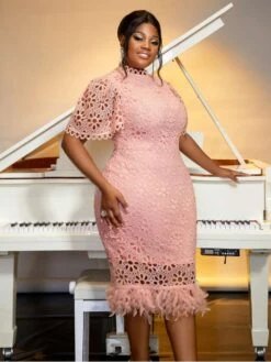 Patchwork Hollow Out Puff Sleeve Midi Dress -Women's Clothing Shop P 20240529113507269 118