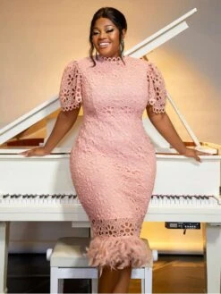 Patchwork Hollow Out Puff Sleeve Midi Dress -Women's Clothing Shop P 20240529113508362 256