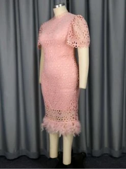 Patchwork Hollow Out Puff Sleeve Midi Dress -Women's Clothing Shop P 20240529113510041 638