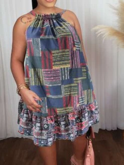 Colorblock Plaid Tie-wrap Sleeveless Dress