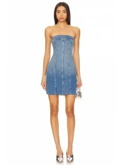 Denim Raged Hem Strapless Mini Dress