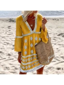 Colorblock Cotton Loose Long Sleeves Dress