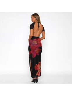 Flower Backless Short Sleeve Dress