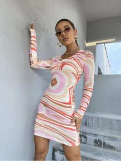 Colorblock Ruched V Neck Mini Dress