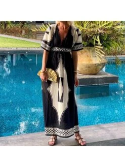 Geometric Pattern V Neck A-line Short Sleeve Dress -Women's Clothing Shop P 20240530151008613 804