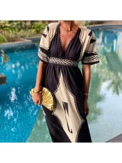 Geometric Pattern V Neck A-line Short Sleeve Dress -Women's Clothing Shop P 20240530151010234 598