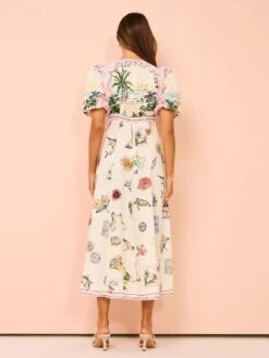 Printed Lacework Puff Sleeve Midi Dress -Women's Clothing Shop P 20240530154002511 890