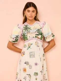 Printed Lacework Puff Sleeve Midi Dress -Women's Clothing Shop P 20240530154003108 815