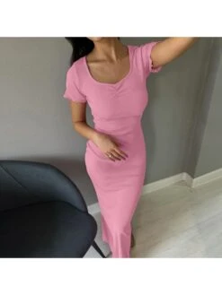 Solid Color Mid-rise Fitted Short Sleeve Dress -Women's Clothing Shop P 20240530180503123 293