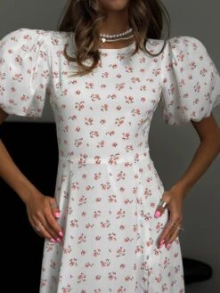 Crewneck Puff Sleeve Mid-rise Short Sleeve Dress -Women's Clothing Shop P 20240531142006085 850