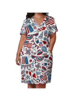 Print V Neck Short Sleeve Midi Dress -Women's Clothing Shop P 20240531142503686 771