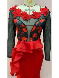 Patchwork See Through Ruffle Mermaid Long Sleeves Dress -Women's Clothing Shop P 20240603100518476 420