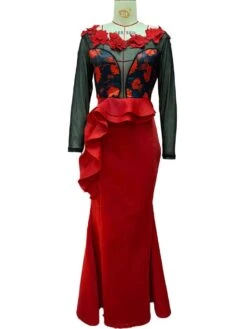 Patchwork See Through Ruffle Mermaid Long Sleeves Dress -Women's Clothing Shop P 20240603100521277 807