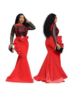 Patchwork See Through Ruffle Mermaid Long Sleeves Dress -Women's Clothing Shop P 20240603100522522 116