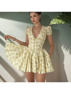 Ruched V Neck A-line Short Sleeve Mini Dress -Women's Clothing Shop P 20240603134020469 444