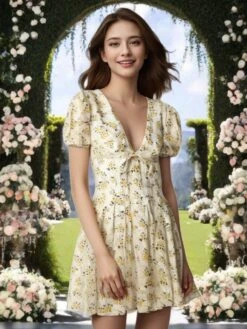 Ruched V Neck A-line Short Sleeve Mini Dress -Women's Clothing Shop P 20240603134021052 218