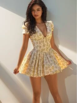 Ruched V Neck A-line Short Sleeve Mini Dress -Women's Clothing Shop P 20240603134023025 741