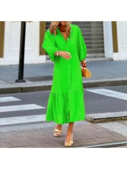 Single Breasted Lantern Sleeve Loose Midi Dress -Women's Clothing Shop P 20240603174507148 602