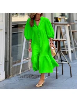 Single Breasted Lantern Sleeve Loose Midi Dress -Women's Clothing Shop P 20240603174507648 469