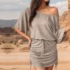 One-shoulder Batwing Sleeve Knitting Short Sleeve Dress -Women's Clothing Shop P 20240603190507145 239